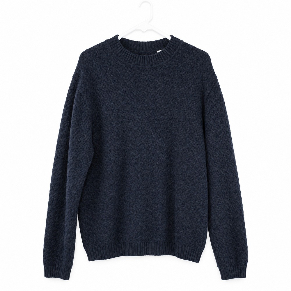Alex Cannon Mens Navy Blue Wool Blend Textured Knit Crew Neck Sweater Large
